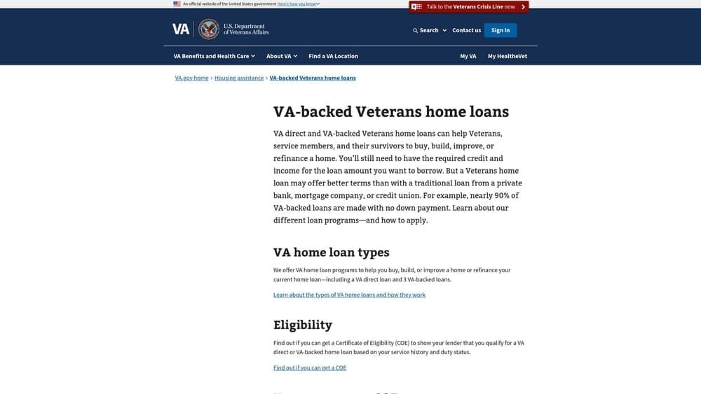 Screenshot of VA Home Loan website