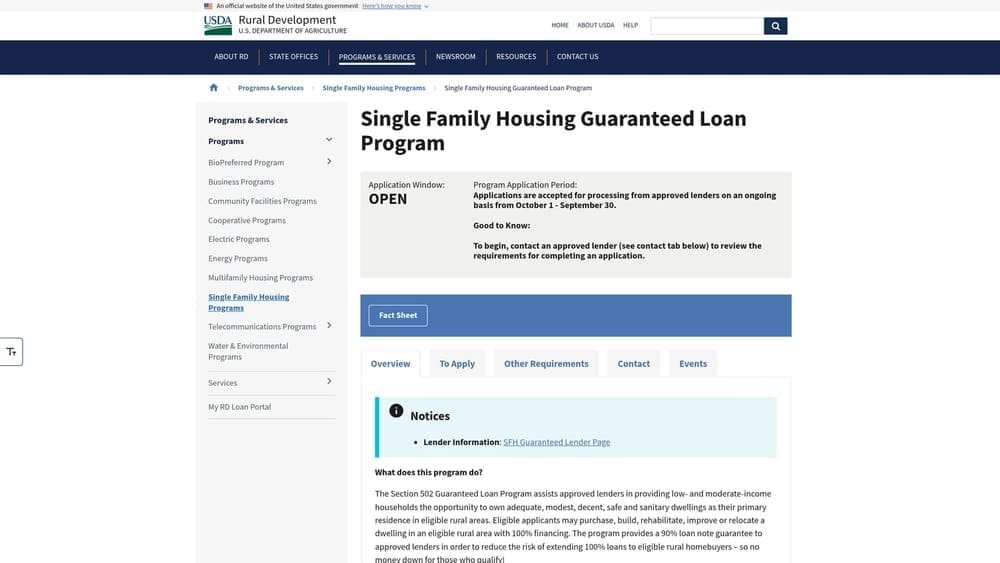 Screenshot of USDA Rural Development Guaranteed Housing Loan Program website